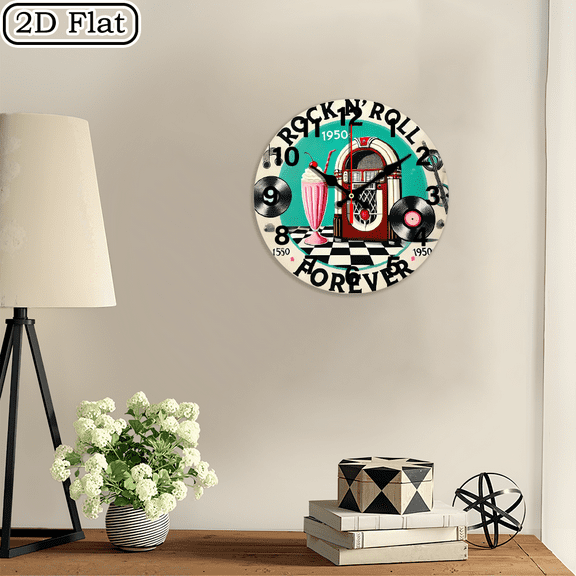 2D flat 1 piece 1950s retro rock wooden wall clock home and seasonal decoration, suitable for courtyard, mall, caf é, home, best gift, friend room decoration Halloween 10 * 10 inches