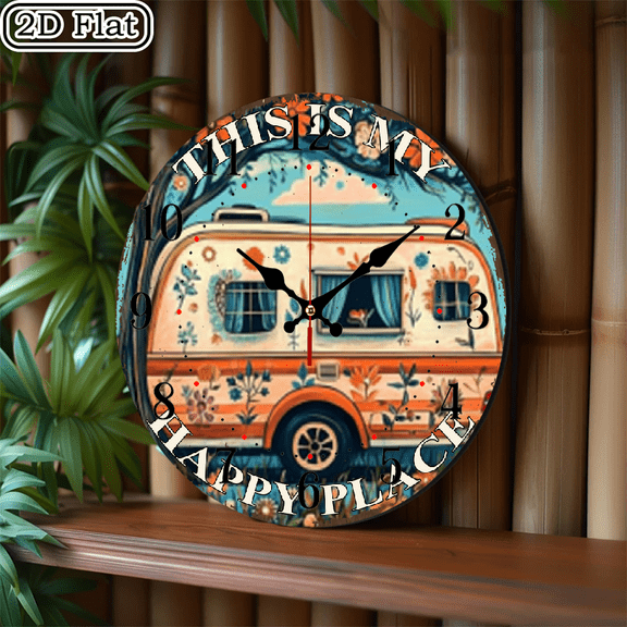 2D flat 1 piece Happy Place camping trail wooden clock home and seasonal decoration, suitable for yard, mall, caf , home, best gift, friend room decoration Halloween 10 * 10 inches