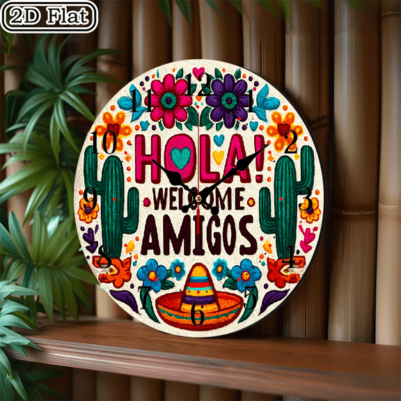 2D flat 1 piece Mexican style welcome sign wooden wall clock for home and seasonal decoration, suitable for yard, mall, caf é, home, best gift, friend room decoration Halloween 10 * 10 inches
