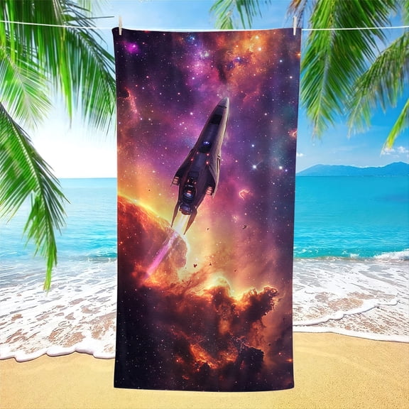 2D flat 1 piece, beach bath towel with spaceship pattern, soft, suitable for beach, summer, holidays, a variety of sizes to choose from, suitable as a gift for space lovers