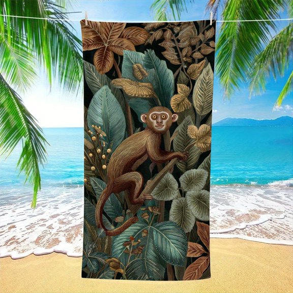 2D flat 1 piece, monkey tropical leaf pattern beach towel, soft, suitable for beach, vacation, swimming pool relaxation, this is the perfect gift for nature lovers
