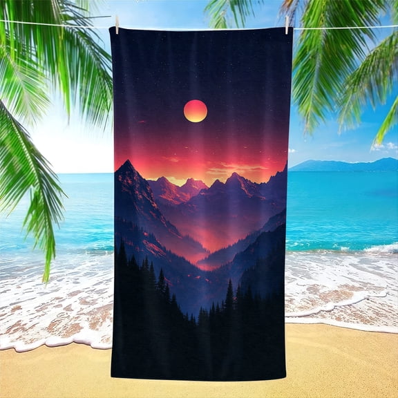 2D flat 1 piece, mountain view sunset beach bath towel, artistic design, multifunctional, soft, suitable for beach, poolside use, and vacation. It's the perfect gift for nature lovers.