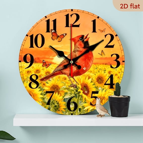 2D flat, a 10-inch wooden round wall clock, Cardinal Sunflower design. Suitable for bedroom, living room, office decoration. Can be a gift for Father's Day and other festivals.