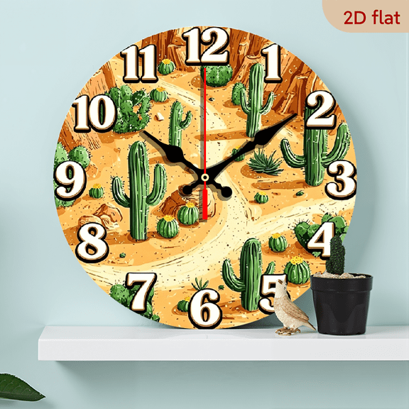 2D flat, a 10-inch wooden round wall clock, "Desert cactus landscape" design. Suitable for bedroom, living room, office decoration. Can be used as a Father's Day and other holiday gifts.