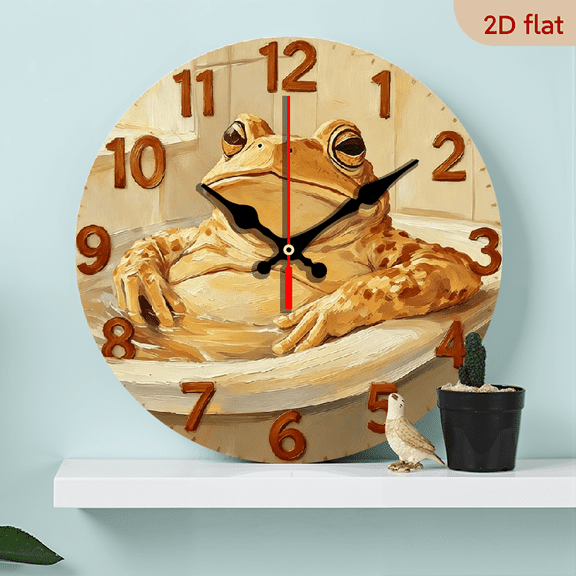 2D flat, a 10-inch wooden round wall clock, "Relaxing Frog" design. Suitable for bedroom, living room, office decoration. Can be a Father's Day and other festival gift.