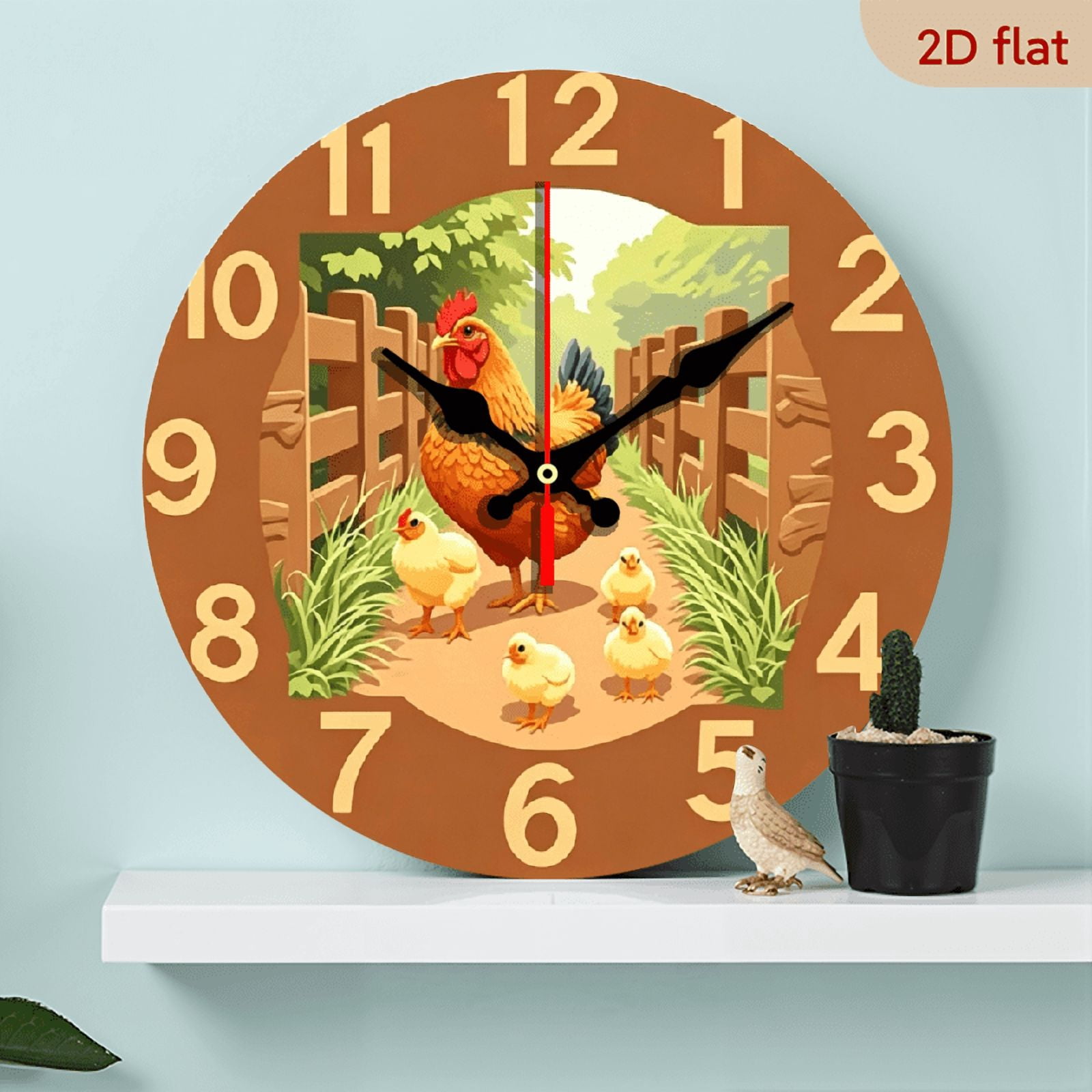 2D flat, a 10-inch wooden round wall clock, brown hen with chicks ...