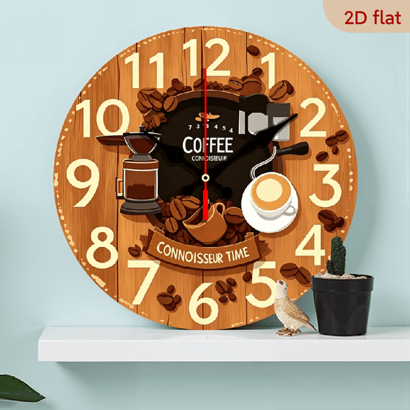 2D flat, a 10-inch wooden round wall clock, coffee bean designed. Suitable for bedroom, living room, office decoration. Can be a gift for Father's Day and other festivals.