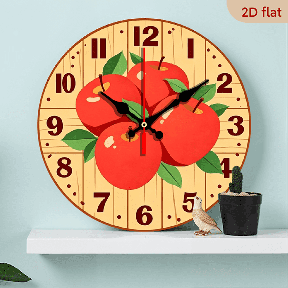 2D flat, a 10-inch wooden round wall clock, red apple designed. Suitable for bedroom, living room, office decoration. Can be a gift for Father's Day and other festivals.