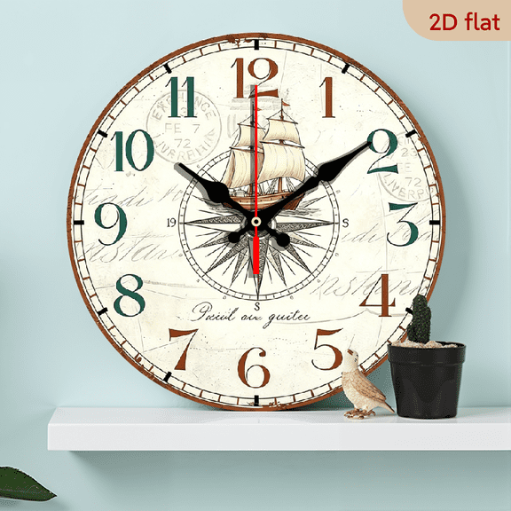 2D flat, a 10-inch wooden round wall clock, "sailing ship" design. Suitable for bedroom, living room, office decoration. Can be used as a Father's Day and other holiday gifts.
