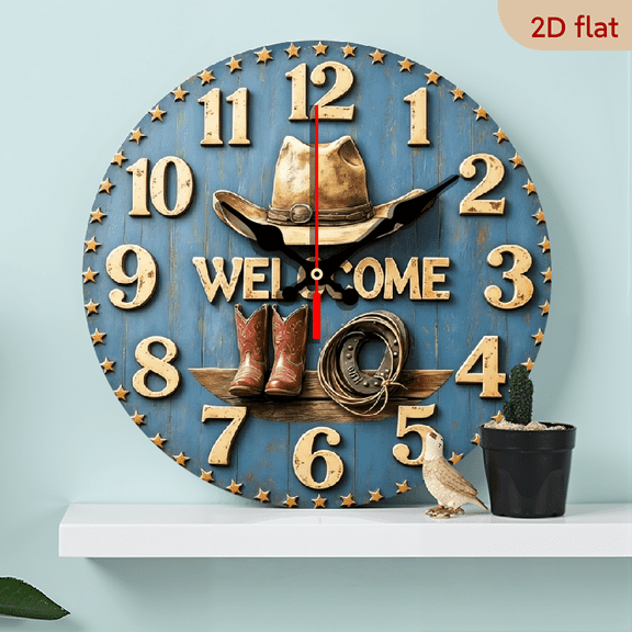 2D flat, a 10-inch wooden round wall clock, "western cowboy hat boots" design. Suitable for bedroom, living room, office decoration. Can be used as a Father's Day and other holiday gifts.