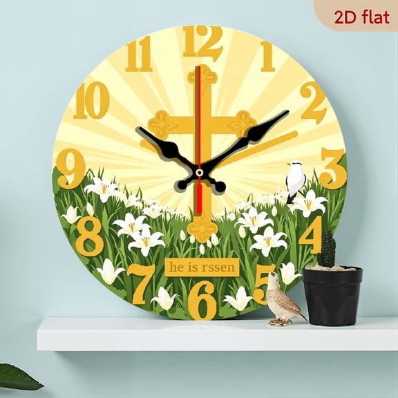 2D flat, a 10-inch wooden round wall clock, white Easter lilies and cross. Suitable for bedroom, living room, office decoration. Can be used as a holiday gift.