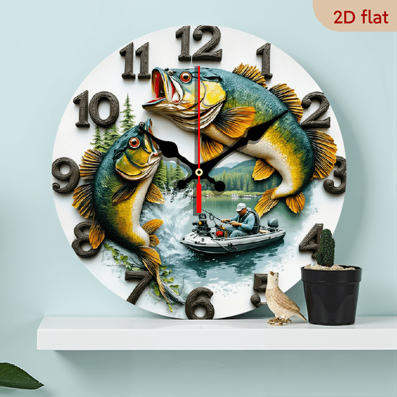 2D flat, a 10-inch wooden silent wall clock, "Fishing Bass" - themed. Suitable for bedroom, living room, office decoration. Also a gift for various festivals.