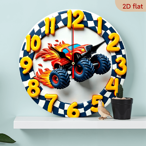 2D flat, a 10-inch wooden silent wall clock, Monster Truck Race Design. Suitable for bedroom, living room, office decoration. Can be a gift for various festivals.