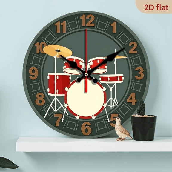 2D flat, a 10-inch wooden silent wall clock, classic red drum kit, suitable for bedroom, living room, office decoration, also as a gift for various festivals.