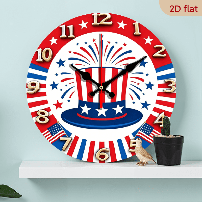 2D flat, a 10-inch wooden silent wall clock, patriotic top hat firework ...