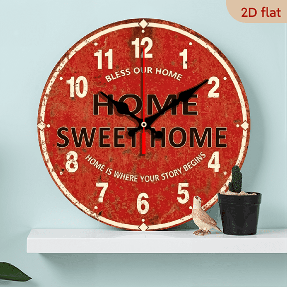 2D flat, a 10 - inch wooden silent wall clock, "red vintage home - themed". Suitable for decorating bedrooms, living rooms, and offices. Can also be a gift for various festivals.