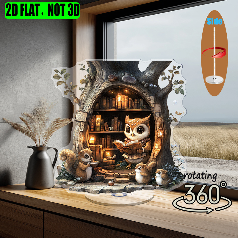 [2D flat] 1PC Rotating acrylic display featuring a wise owl and bookish ...