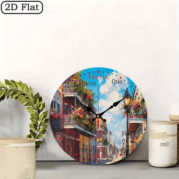 2D flat 1pc,Colorful houses and white clouds_ wood wall clock Home&Seasonal Decoration, For Yard, Mall, Garage, Coffee Shop, Home, Best Gift, for a Friend room decor halloween 10*10inch