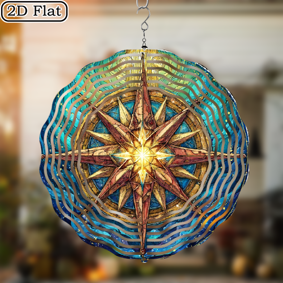 2D flat, 1pc Compass Pattern Wind Spinner - Iron Metal Hanging Ornament with Vibrant Blue Golden Design, OutdoorIndoor Garden Decor, Thanksgiving Christmas Halloween Party Decorations Creative Hol