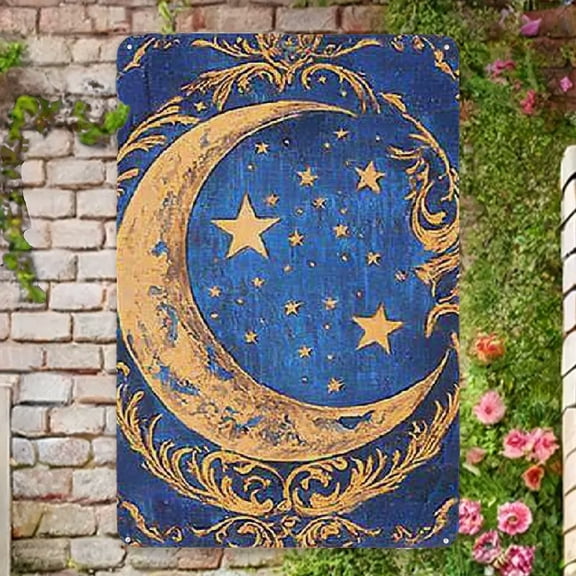 2D flat 1pc Enchanted Moon Metal Sign, Celestial Night Sky Design with Stars & Ornate Border, Perfect for Outdoor & Indoor Decor, Garden Lover Gift, Garden Decoration | Celestial Theme