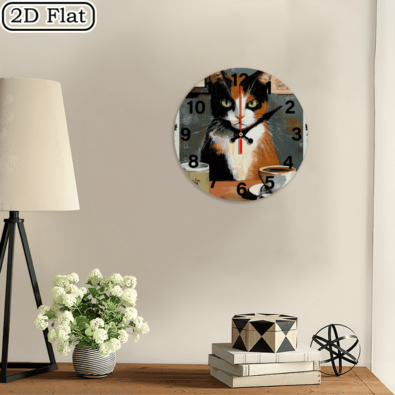 2D flat 1pc,Funny Calico Cat Coffee_ wood wall clock Home&Seasonal Decoration, For Yard, Mall, Garage, Coffee Shop, Home, Best Gift, for a Friend room decor halloween 10*10inch