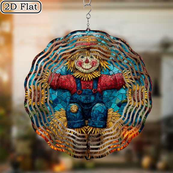 2D flat 1pc Metal Wind Chime - Scarecrow with Pumpkins Halloween Decoration, Large 10x10 Inch OutdoorIndoor Hanging Ornament, Autumn Thanksgiving Christmas Home Decor Gift for Porch, Garden, or Ta