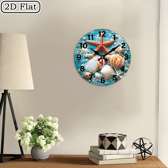 2D flat 1pc, Nautical Seashell Starfish _ wood wall clock Home&Seasonal Decoration, For Yard, Mall, Garage, Coffee Shop, Home, Best Gift, for a Friend room decor halloween 10*10inch