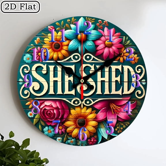 2D flat 1pc, She Shed Round_ wood wall clock Home&Seasonal Decoration, For Yard, Mall, Garage, Coffee Shop, Home, Best Gift, for a Friend room decor halloween 10*10inch