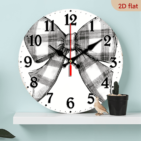 2D Flat 1pc 10Inch Silent Non Ticking Wooden Wall Clock Black White Plaid Bow Decor, Modern Farmhouse Style Compatible with AA Batteries (Not Included) for Living Room, Bedroom Elegant Home