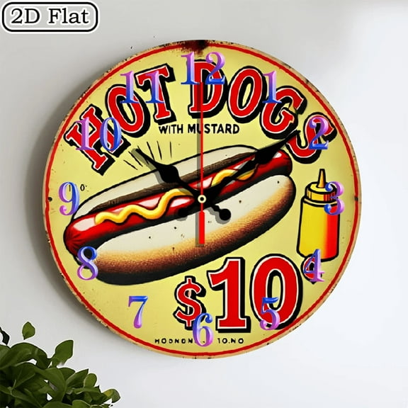 2D flat 1pc,Vintage Hot Dog_ wood wall clock Home&Seasonal Decoration, For Yard, Mall, Garage, Coffee Shop, Home, Best Gift, for a Friend room decor halloween 10*10inch