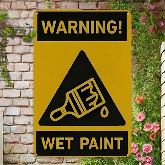 2D flat 1pc Wet Paint Safety Warning Metal Sign - 8x12 Inch, Retro Aluminum Wall Decor with Inspirational Quote, Yellow & Black, Perfect for Home, Office, Cafe, Easy-to-Hang, No Power Needed, Indoor
