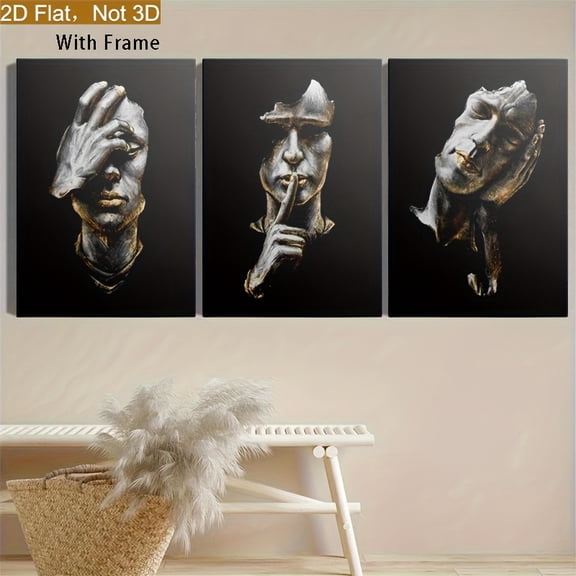 2D flat, 3- piece wooden frame canvas print decoration, 2D HD print, black and white abstract figure sculpture, Golden leaf for Man sculpture, modern sculpture canvas
