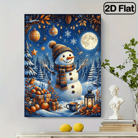 2D flat, 500-piece vertical paper jigsaw puzzle of the Snowman on a Snowy night, family entertainment, Halloween, Thanksgiving, Christmas, size 15*20.5 inches