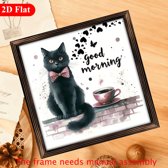 A 2D flat "Black Cat Wearing Pink Ribbon" wooden picture frame is a home wall decoration. The size is 12 * 12 inches. The frame requires manual assembly.
