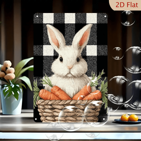 2D flat, Charming Vintage Easter Bunny Tin Sign - Retro Spring Rabbit Wall Art with Checkered Basket Carrot Design, Rustic Country Decor for Living Room, Kitchen, Office More, 12*8in