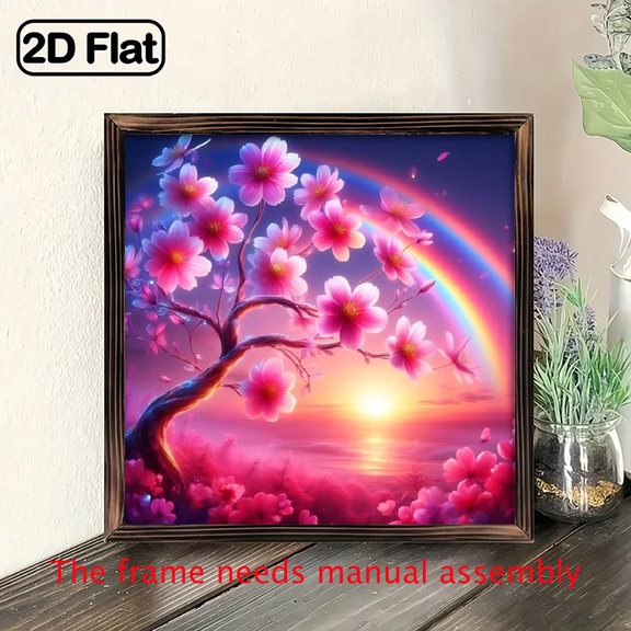 A 2D flat "Cherry Blossom Tree Rainbow Sunset" wooden frame painting is a home wall decoration. The size is 8 * 8 inches. The frame requires manual assembly.