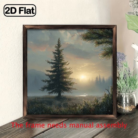 2D flat Decorative Signs Plaques Wall Pedimentsvintage woodblock prints - 8x8 inch square faux wood modern home decor, tranquil pine and sunrise views, Father's Day, Independence Day, graduati