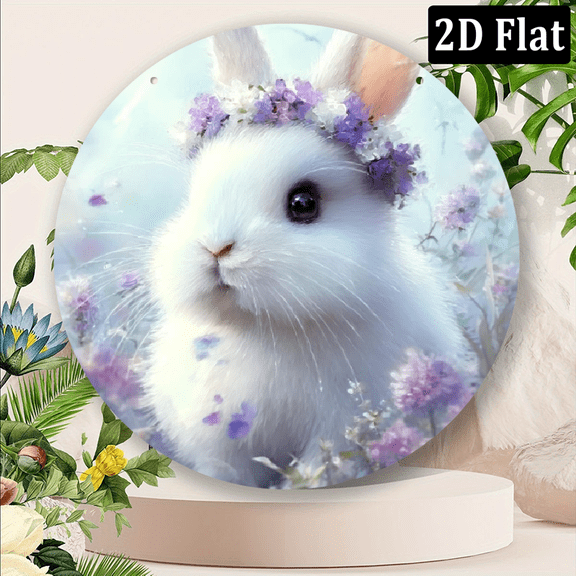 2D flat Easter Bunny Metal Wall Sign - Adorable White Rabbit with Floral Wreath, Pastel Purple Blue Circular Wall Art for Spring Easter Decor.8x8 in