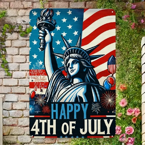 2D flat, Happy 4th of July Metal Sign Statue of Liberty and Fireworks Patriotic American Metal Sign 12x8 Inch Metal Sign Memorial Day Outdoor Metal Sign Decoration