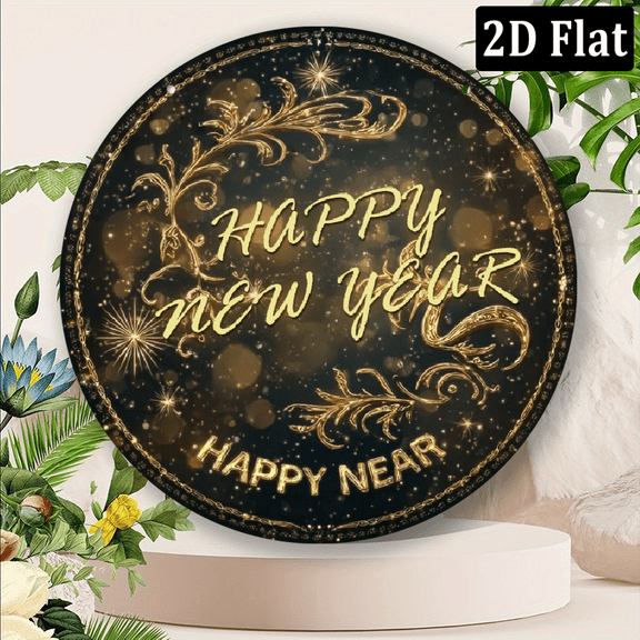 2D flat Happy New Year 8x8 Inch Sign Waterproof Dustproof Wall Decor with Elegant Golden Lettering Sparkling Stars, Durable Indoor Outdoor Holiday Decor for Home, Bar