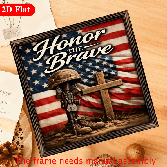 A 2D flat "Honor the Brave Soldier & Cross Memorial" wooden framed painting, as a home decorative sign & plaque, 12 * 12 inches, the frame needs manual assembly