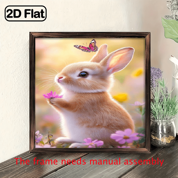 A 2D flat "Little Rabbit Holding Flowers with Butterflies by Its Side" wooden picture frame is a home wall decoration. The size is 8 * 8 inches. The frame requires manual assembly.