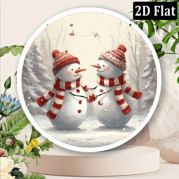 2D flat Metal Sign with Charming Snowmen in Snowy Landscape, Wreath Decorative Plaque for Door, Wall, Home, Room, Farmhouse, Street, Store, Garage, Bar, Garden 8*8inch