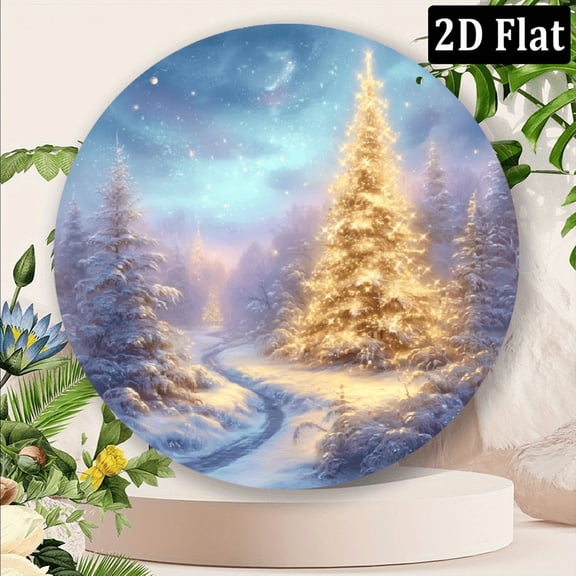 2D flat Round Iron Tin Sign with Modern Christmas Tree Design, Suitable for Indoor and Outdoor Decor 8*8inch