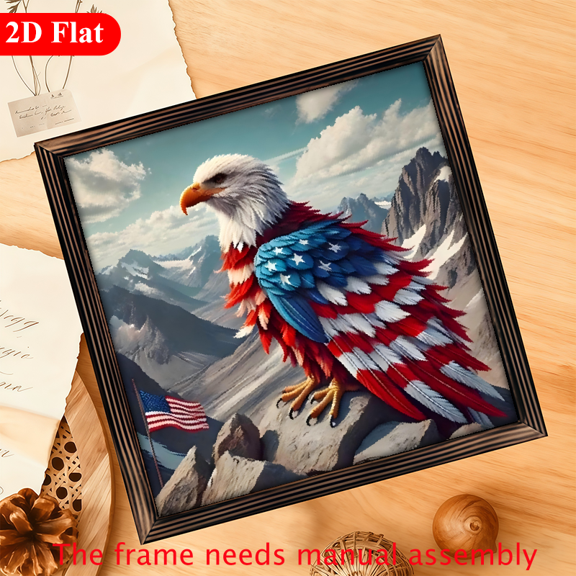A 2D flat "Stars and Stripes Colorful Eagle Standing on Rock" wooden frame painting is a home wall decoration. The size is 12 * 12 inches. The frame requires manual assembly.