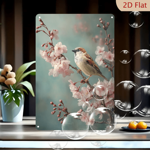 2D flat, Vintage Floral Bird Metal Wall Art - Lightweight Decorative Plaque with Soft Pastel Pink Floral Background, Drilled Holes for Easy Hanging Perfect Housewarming, Wedding, Christmas, 12*8in