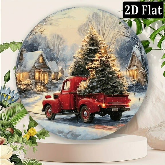 2D flat Vintage Red Truck Christmas Tree Metal Wall Art 8x8inch Sign for Home, Cafe, and Garage Decor Indoor Outdoor Holiday Decoration