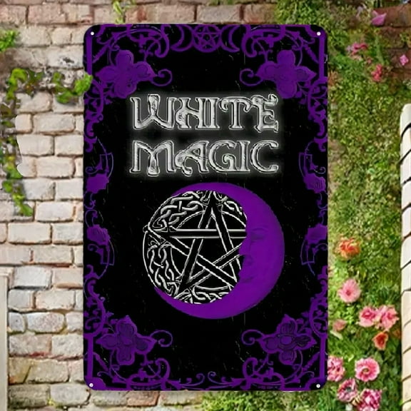 2D flat Vintage White Magic Spell Book Aluminum Sign - Mystical Pentagram & Crescent Moon Design, Durable Frameless Wall Decor for Wiccan Beginners, Perfect for Home, Cafe, Garage - 8x12 Inches Metal