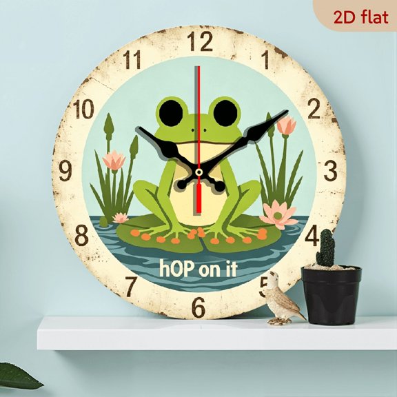 2D flat, a 10-inch wooden round wall clock, Green cartoon frog. Suitable for bedroom, living room, office decoration. Can be used as a holiday gift.
