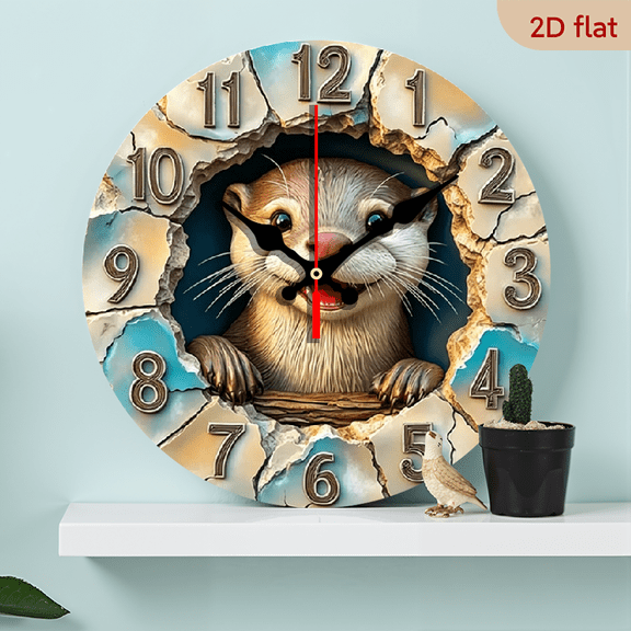 2D flat, a 10-inch wooden round wall clock, cute otter design. Perfect for bedroom, living room, office decoration. Ideal as Father's Day gift.